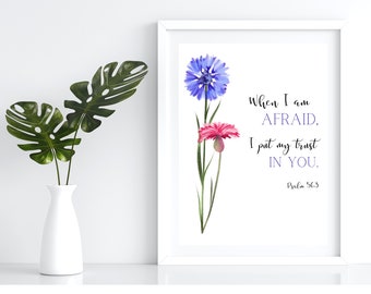 Cuando tengo miedo, en ti confío. Salmo 56:3, Versículo bíblico, Arte mural, Impresión vertical moderna de las Escrituras, Floral.