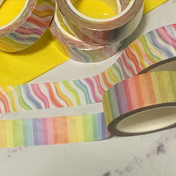 Regenbogen-Streifen Washi Tape 15mm breit von 10m lang. Zwei Varianten.