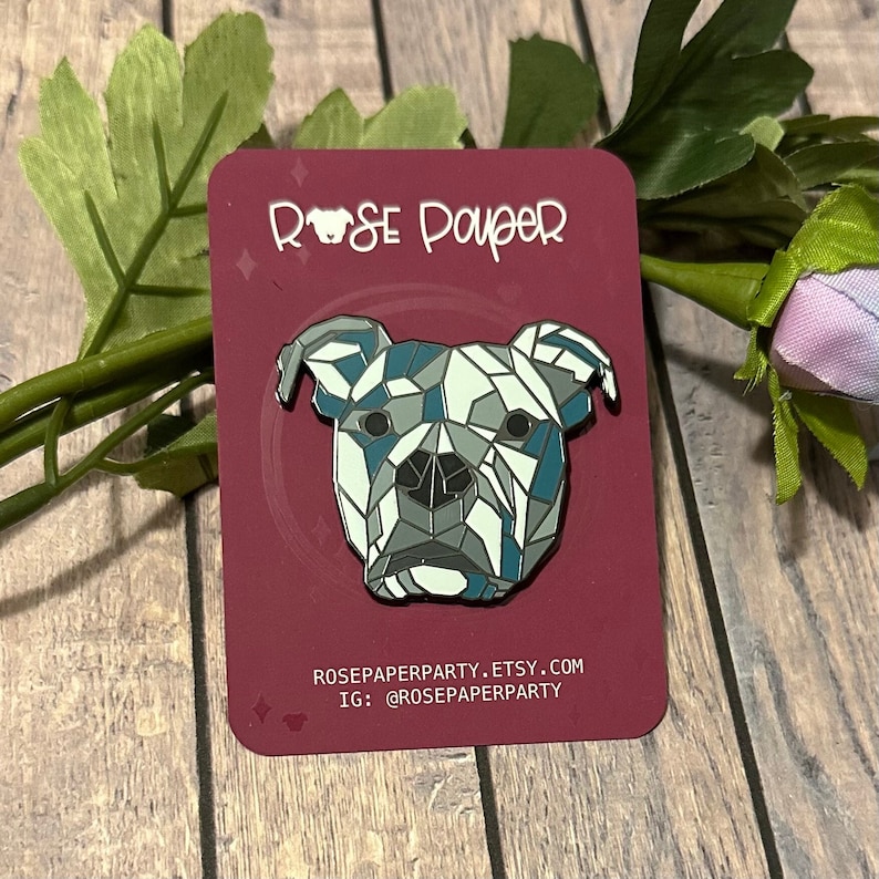 Geometric Blue Grey pit bull hard enamel pins / Gray Pitbull Lapel Pins image 1