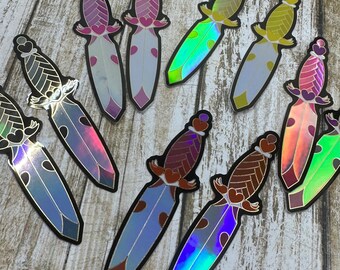 Holographic Heart Dagger Sticker Die Cuts with Gold Foil Outlines, Fantasy Weapon Stickers, Laser Sticker Set