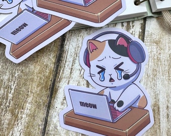 Stressed Laptop Gamer Cat Matte Die Cut Sticker, Gaming Decal