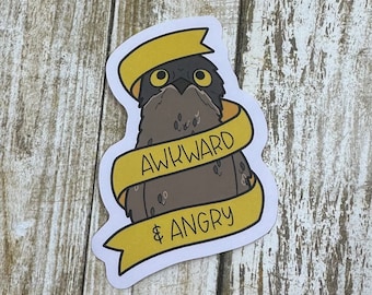 Awkward and Angry Potoo Bird Ribbon Matte Die Cut Sticker, Yellow and Brown Sticker