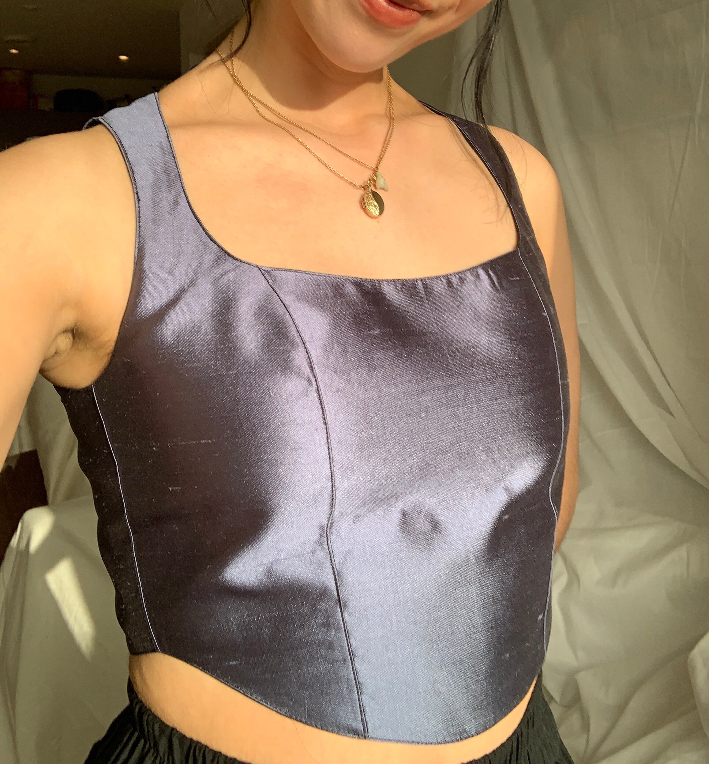 Metalic Blue Corset top crop top bodice silk with shirring Etsy