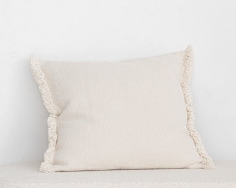 Cotton Deco Pillow Cover. Raw White, Thick Cotton Lumbar Cushion Cover with Fringes. Extra-Heavy Cotton Fabric 800 gsm. Natural Product
