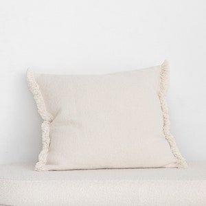 Cotton Deco Pillow Cover. Raw White, Thick Cotton Lumbar Cushion Cover with Fringes. Extra-Heavy Cotton Fabric 800 gsm. Natural Product