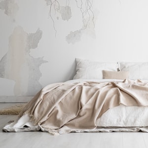 Heavy Linen Throw with Fringes FRINGEA. Cream, Off-white, Oatmeal, Natural Colors. Italian Pre-washed, Soft Linen. Handmade in Lithuania