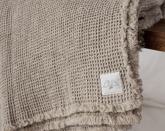 RAWEDGIA Linen Waffle Throw Blanket with Short Fringes, Natural Undyed Flax