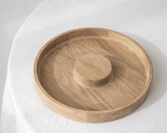 ROUND OAK TRAY with Raised Centre for Candle, Reed Diffuser, Flower Vase. Large Natural Wooden Tray for Dry Fruits. Unique Round Table Decor