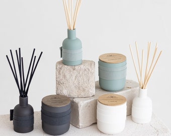 Scented Candle and Reed Diffuser Set. Home Fragrance Set, Packed in a Gift Box. Made in Europe. White, Greenish, Pink, Black Collections