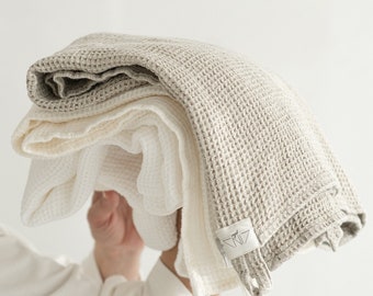 Linen Waffle Bath Towels 27x55 inches | 70x140 cm. Colors - White/ Ivory/ Natural Flax.  - Free Shipping - Handmade in Lithuania