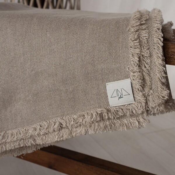 Soft Twill Linen Throw RAWEDGIA - Raw Edge Finish - 58x80" - Natural undyed flax color - Stonewashed - Heavy-weight - Handmade in Lithuania