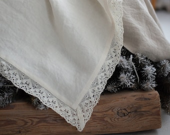 Super-Heavy Linen Lace Bedspread TRIMLEA in IVORY. Coverlet, Blanket, Bedcover. Large sizes. Italian Linen 400 gsm. Handmade in Lithuania
