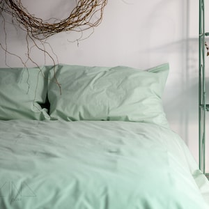 Mint Green Percale Bedlinen Set (3 pcs): Duvet Cover & 2 Pillowcases, 100% Stonewashed Italian Cotton, Handmade in Lithuania