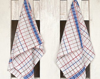Tea Towel. Lithuanian Linen Kitchen Towels VINTAGE CHECKS from 1998. White & Blue, Green, Red, Pre-washed. Gift Idea. Handmade in Lithuania