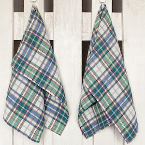 Linen Kitchen Towels MAGIC CHECKS, White green blue, Pre-washed, Natural Products, Eco-friendly tea-towel with hanger, Handmade in Lithuania
