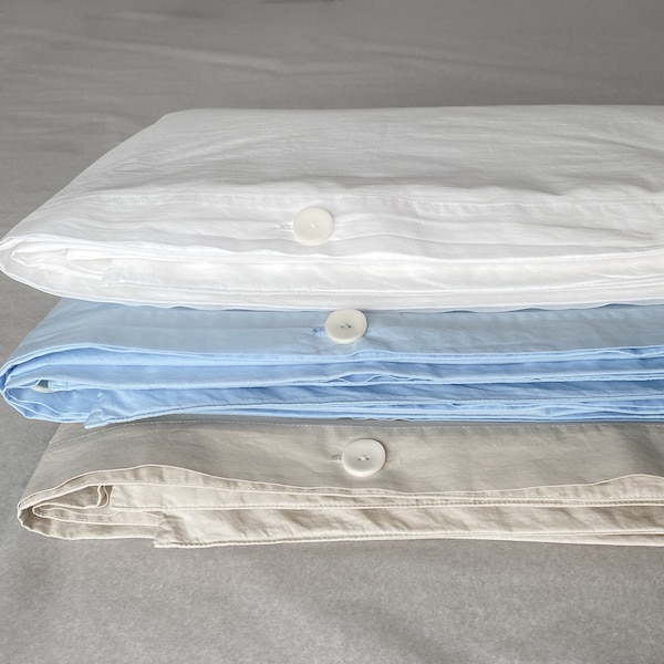 Percale Duvet Cover, Inner Ties, Corozo buttons. White, Sky Blue, Beige Light. Custom sizes. Italian Percale Cotton TC200. Made in Lithuania