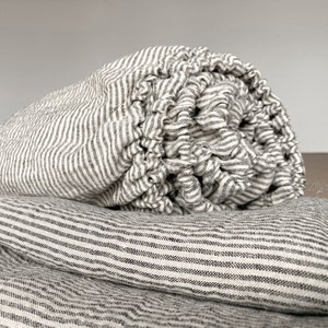 Striped Linen Fitted Sheet - Pre-washed 210 gsm Linen - Natural Black Ticking Stripes - Handmade in Lithuania