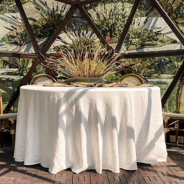 Heavy-weight Round Linen Tablecloth. Large sizes. Pre-washed Italian Linen 300 gsm. Off-white, White, Oatmeal, Natural Flax, Natural Light