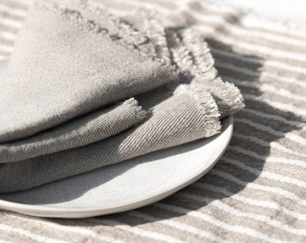 Linen Twill Napkin RAWEDGIA in Natural Color. Stonewashed Heavy-Weight Linen. Napkin with Short Fringes. Handmade in Lithuania