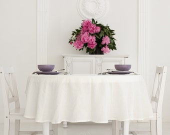Round Linen Tablecloth, Custom large size, Stonewashed. White, Ivory, Natural, Ticking Black Stripes. Courier Shipping. Made in Lithuania