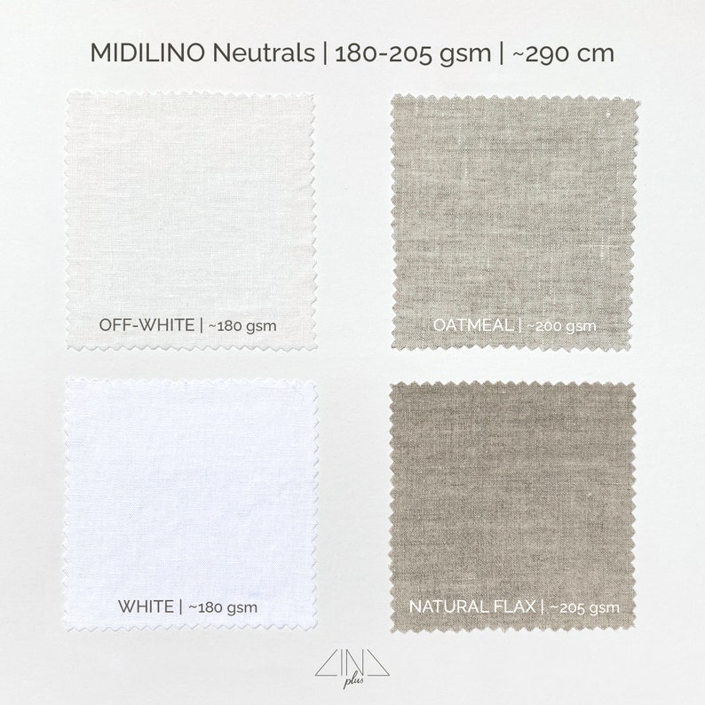Puede incluir: Cuatro muestras de tela en colores neutros: blanco roto, blanco, avena y lino natural. Las muestras est&aacute;n etiquetadas con su color y peso en gramos por metro cuadrado (gsm). MIDILINO Neutrals | 180-205 gsm | ~290 cm