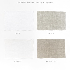 Op de afbeelding: Vier stofstalen, twee wit en twee beige, met de labels "Wit", "Havermout", "Off-white" en "Natuurlijk vlas". LINONATA Neutrals | ~300 g/m&sup2; | ~310 cm