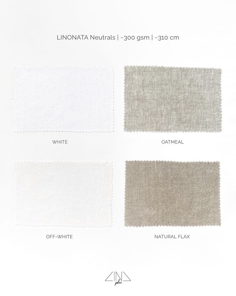 Op de afbeelding: Vier stofstalen, twee wit en twee beige, met de labels "Wit", "Havermout", "Off-white" en "Natuurlijk vlas". LINONATA Neutrals | ~300 g/m&sup2; | ~310 cm