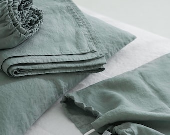 LINONATA Linen Sheet Set, IRISH WINTER Color: Fitted Sheet, Flat Sheet, Pillowcases. Italian Heavy-weight Linen 285 gsm. Made in Lithuania