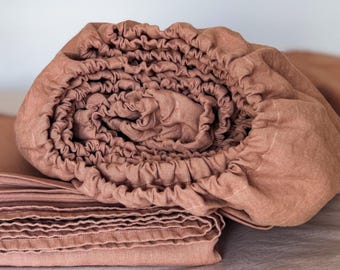 Heavy-Weight Linen Set in COLOR: Fitted Sheet and Flat Sheet. Queen Size. Pre-washed Italian Linen 300 gsm. Bedlinen Made in Lithuania