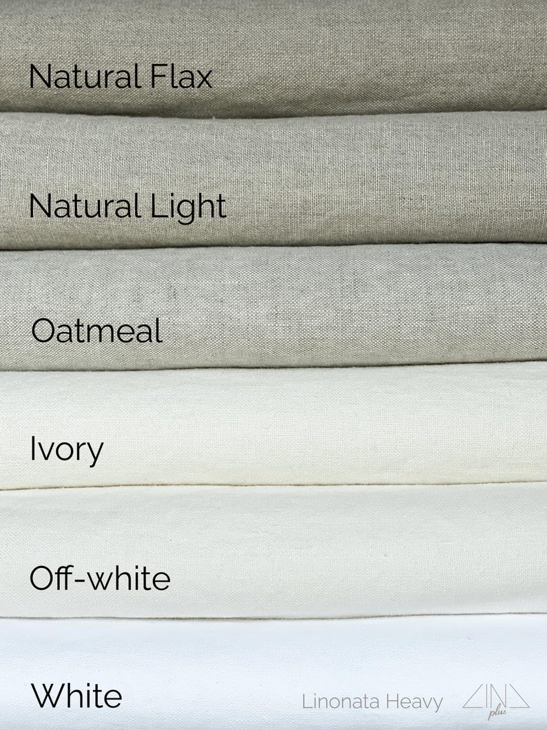 K&ouml;nnte beinhalten: Stoffmuster aus Leinen in verschiedenen neutralen Farbt&ouml;nen. Die Farben umfassen Natural Flax, Natural Light, Oatmeal, Ivory, Off-white und White. Der Text "Linonata Heavy" ist unten sichtbar.