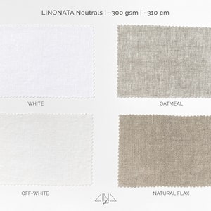 Może przedstawiać: Cztery pr&oacute;bki tkaniny w kolorze białym, kremowym, owsianym i naturalnym lnie. Tkanina jest lniana i ma fakturowany splot. Tekst LINONATA Neutrals | ~300 gsm | ~310 cm jest nadrukowany w g&oacute;rnej części obrazu.