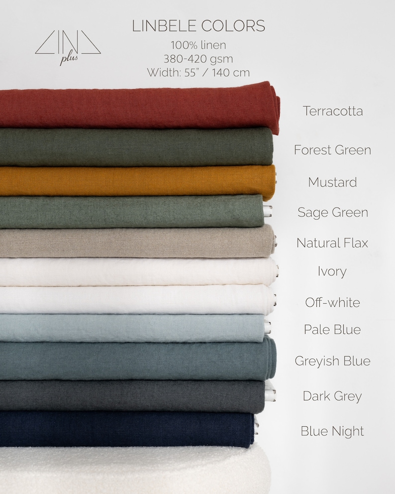 May include: A stack of 11 fabric swatches in various colors, including terracotta, forest green, mustard, sage green, natural flax, ivory, off-white, pale blue, greyish blue, dark grey, and blue night. The fabric is 100% linen and measures 55 inches by 140 centimeters.