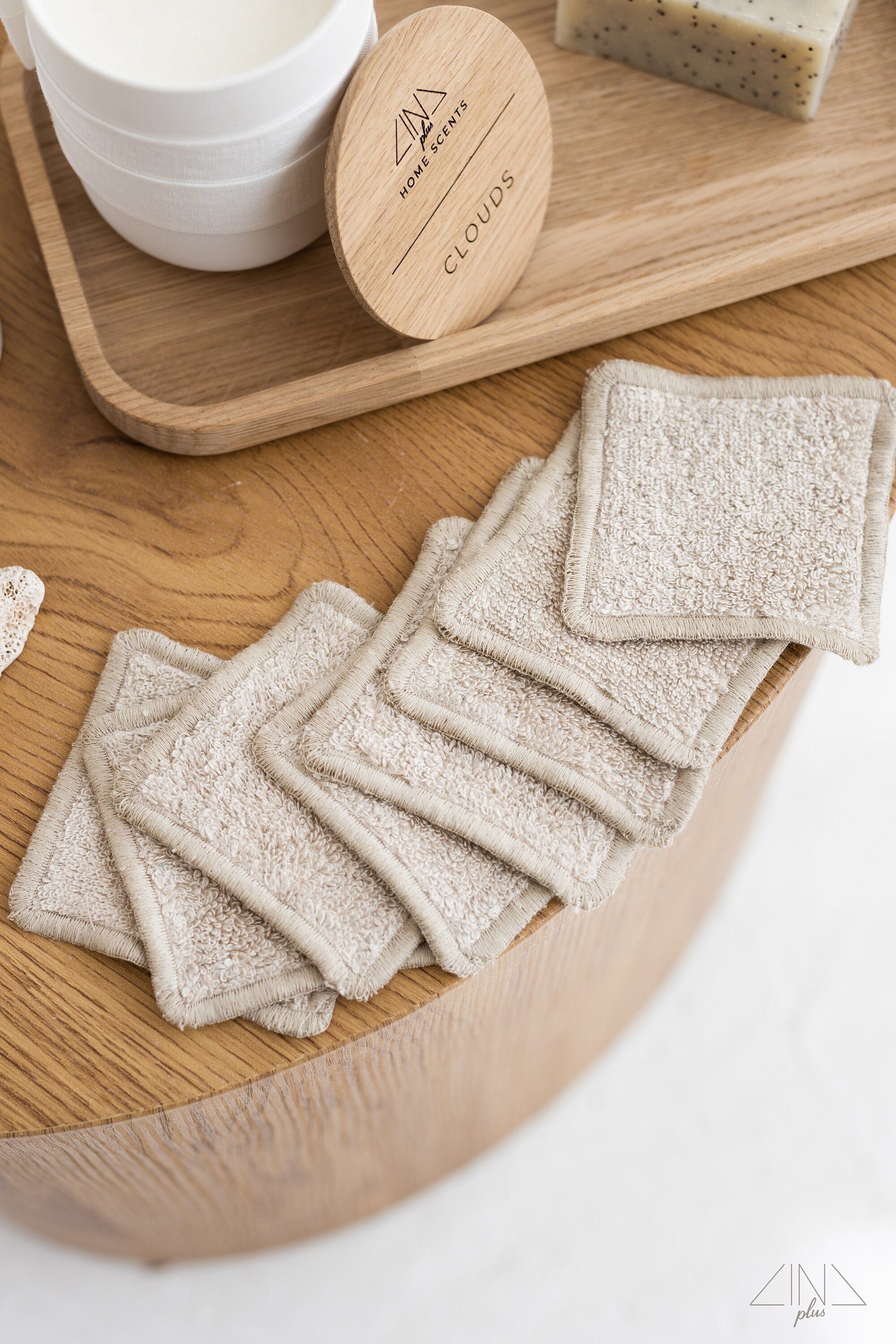 Linen Terry Pads. 7 pcs Set. Make-Up Remover. Reusable, Eco-friendly Face Skin Cleaning Pads. 3x3 in. Natural Flax, Ivory. Made in Lithuania