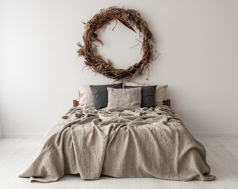 Striped Linen Bedspread, Flat Sheet | Black Natural or White Ticking Stripes, Pre-washed Soft Touch