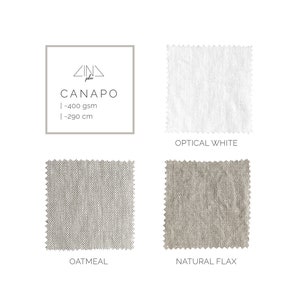 K&ouml;nnte beinhalten: Eine Stoffmusterkarte mit drei verschiedenen Farben von Leinenstoff: Optical White, Oatmeal und Natural Flax. Die Karte enth&auml;lt auch den Markennamen "Cina Plus" und den Stoffnamen "Canapo" mit dem Gewicht und der Breite des Stoffes: 400 g/m&sup2; und 290 cm.