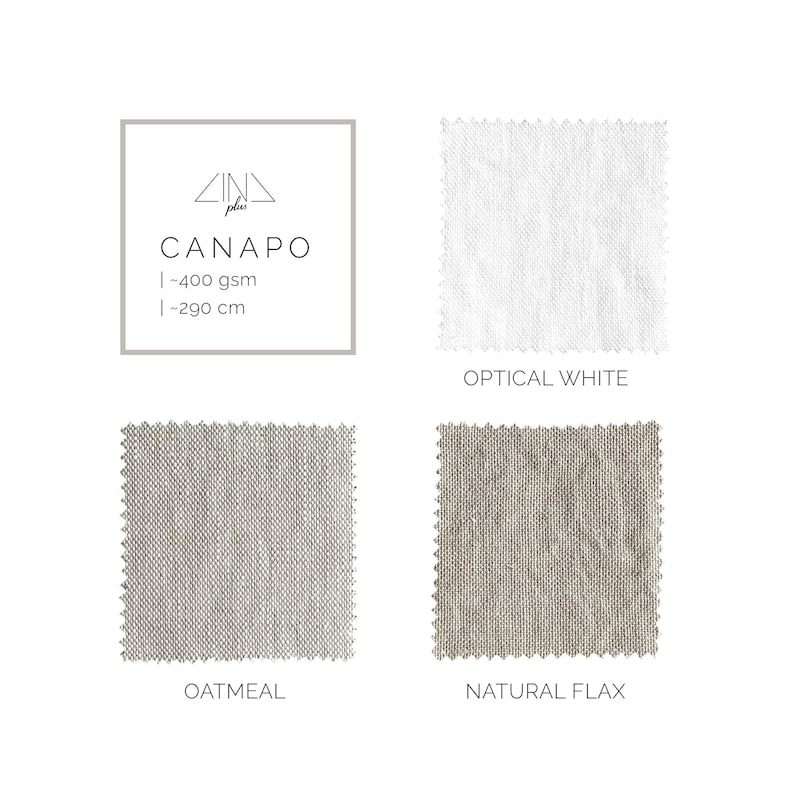 K&ouml;nnte beinhalten: Eine Stoffmusterkarte mit drei verschiedenen Farben von Leinenstoff: Optical White, Oatmeal und Natural Flax. Die Karte enth&auml;lt auch den Markennamen "Cina Plus" und den Stoffnamen "Canapo" mit dem Gewicht und der Breite des Stoffes: 400 g/m&sup2; und 290 cm.