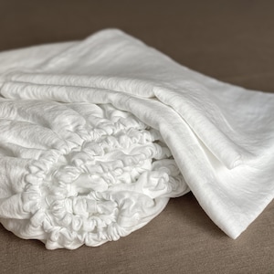 Heavy Linen Fitted Sheet with 2 pillowcases, 3 Pieces Set, Italian Linen Fabric 300 gsm, Natural, White. Durable Bedlinen. Made in Lithuania