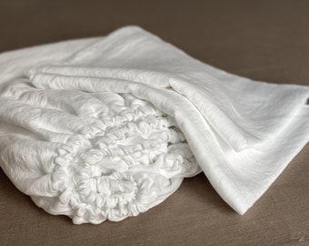 Heavy Linen Fitted Sheet with 2 pillowcases, 3 Pieces Set, Italian Linen Fabric 300 gsm, Natural, White. Durable Bedlinen. Made in Lithuania