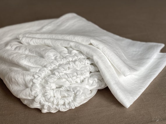 Heavy Linen Fitted Sheet with 2 pillowcases, 3 Pieces Set, Italian Linen Fabric 300 gsm, Natural, White. Durable Bedlinen. Made in Lithuania