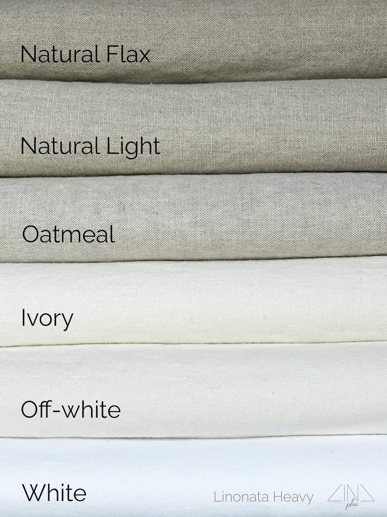 May include: Six swatches of linen fabric in various shades of white and beige. The swatches are labeled from top to bottom: Natural Flax, Natural Light, Oatmeal, Ivory, Off-white, and White. The text "Linonata Heavy" is visible at the bottom of the image.