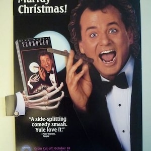 SCROOGED * 3-D Mini Promo Poster * Announcing the VHS Release * Bill Murray * 1989 * Tri-Fold * Vintage Original * 10.5x13