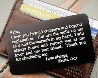 Engraved Wallet Insert, Metal Wallet Insert, Personalized Wallet Card: Valentines, Anniversary Gift for Men, Wedding Day Grooms Gift for Him