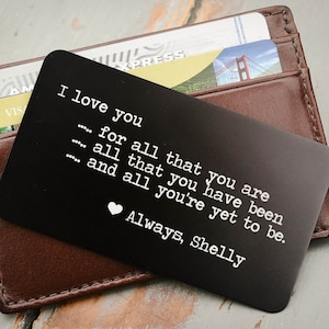Inserción de billetera personalizada, tarjeta de billetera personalizada, inserto de la cartera de metal, nota de amor, tarjeta de la cartera grabada: día de San Valentín, aniversario, boda