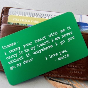 Tarjeta de billetera personalizada, inserto de la cartera de metal, inserción de la cartera personalizada, día de San Valentín, regalo de aniversario para él, regalo del padre de la novia
