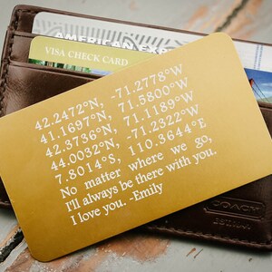 Tarjeta de cartera grabada, inserción de billetera personalizada: San Valentín, aniversario, votos de boda, regalo del novio, día del padre, coordenadas de la boda