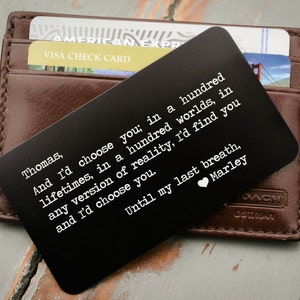 Tarjeta de cartera grabada, tarjeta de billetera personalizada, inserto de billetera personalizada, regalo de novio, relleno de medias, regalo de día de San Valentín para él, vow de boda