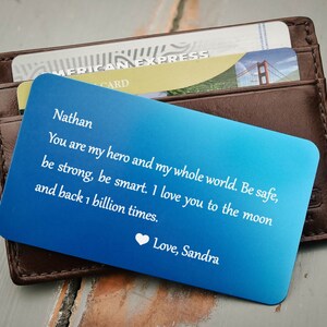 Tarjeta de cartera grabada, inserción de billetera personalizada: San Valentín, aniversario, votos de boda, regalo del novio, día del padre, coordenadas de la boda
