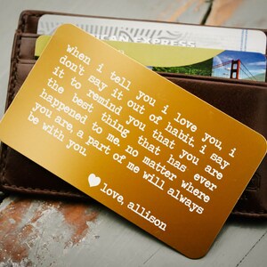 Tarjeta de cartera grabada, tarjeta de billetera personalizada, inserción de billetera personalizada, San Valentín, aniversario, votos de boda, relleno de medias, regalo de novio