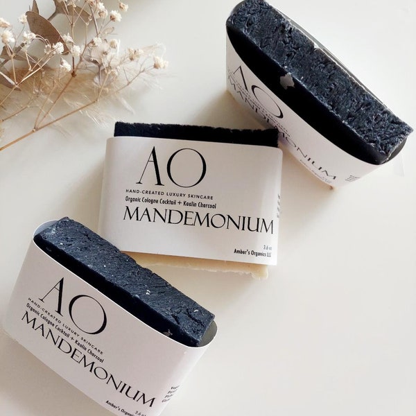 Organic MANDEMONIUM Men of now! Cologne Cocktail Charcoal + Bentonite Kaolin Clay Shampoo + Body Wash Soap Bar. Clarify|Purify|Unclog|Soften