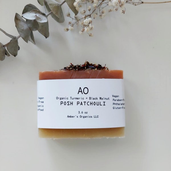 Organic Posh Patchouli + Turmeric + Black Walnut Brighten, Tone, Soap Bar. Improved - Vegan - Soft Hair + Smooth Skin Body Wash